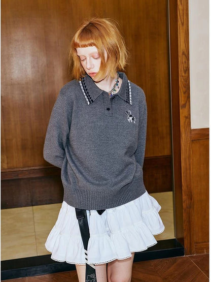 Academy Style Polo Knit With Embroidered Kitty And Heart