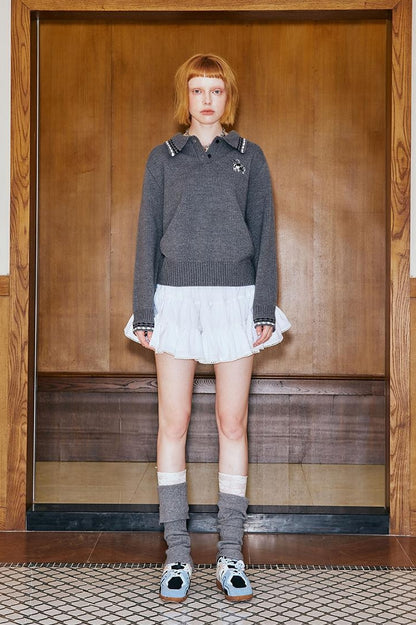 DIDDI MODA Academy Style Polo Knit With Embroidered Kitty And Heart
