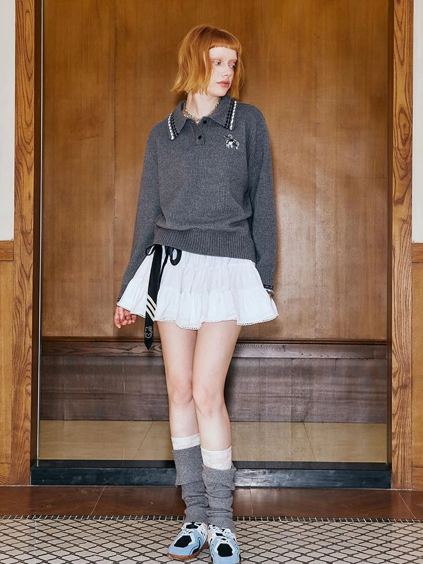 Academy Style Polo Knit With Embroidered Kitty And Heart