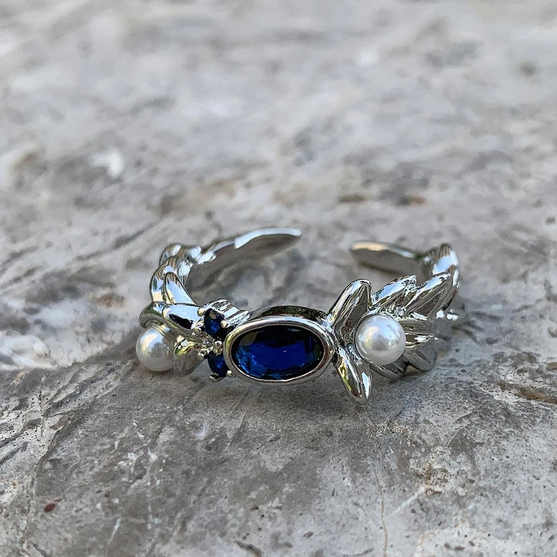 Accessories Adjustable Blue Zircon Pearl Ring