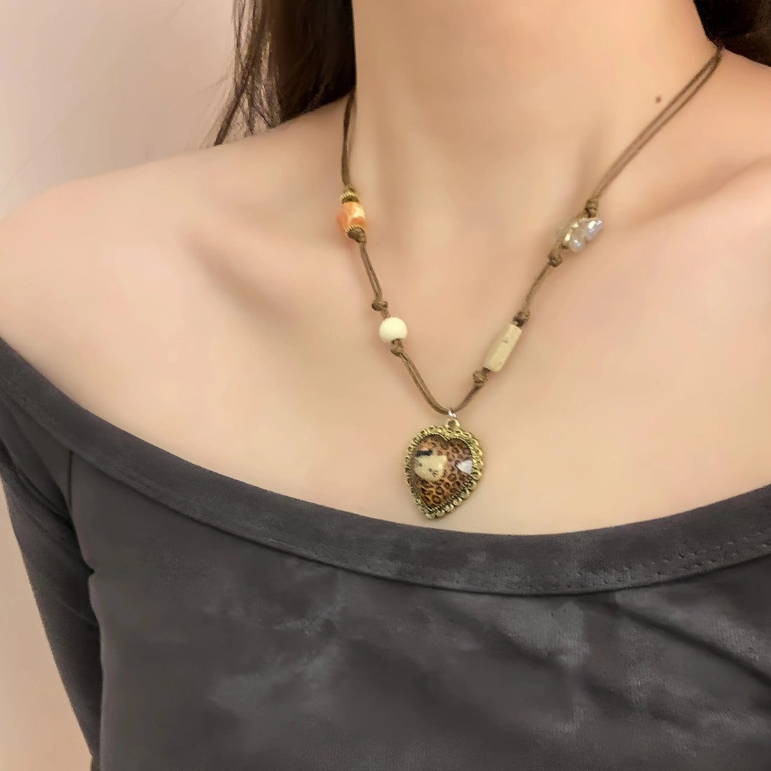 Accessories Adjustable Brown Leopard Kt Cat Pendant Necklace