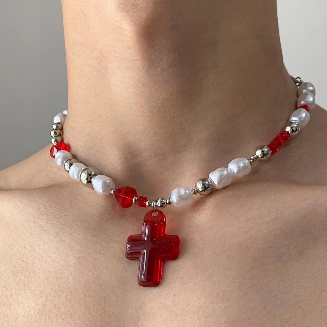 Accessories Adjustable Crystal Cross Pearl Choker Necklace