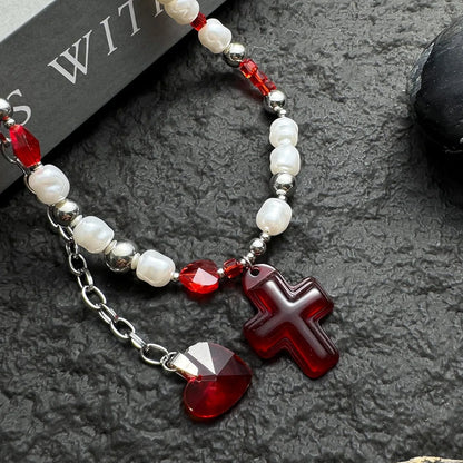 Accessories Adjustable Crystal Cross Pearl Choker Necklace