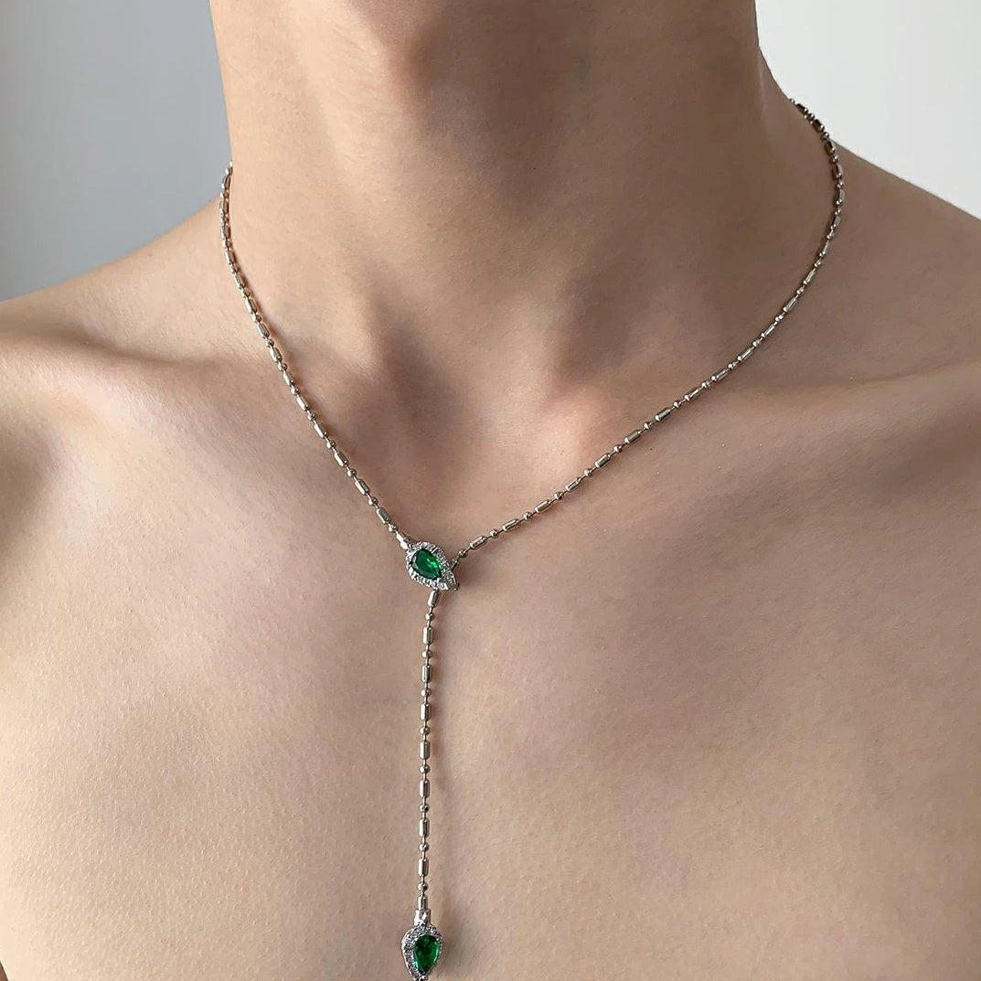 Accessories Adjustable Green Zircon Serpentine Choker With Fringe