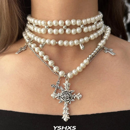 Accessories Adjustable Layered Pearl Cross Choker Necklace