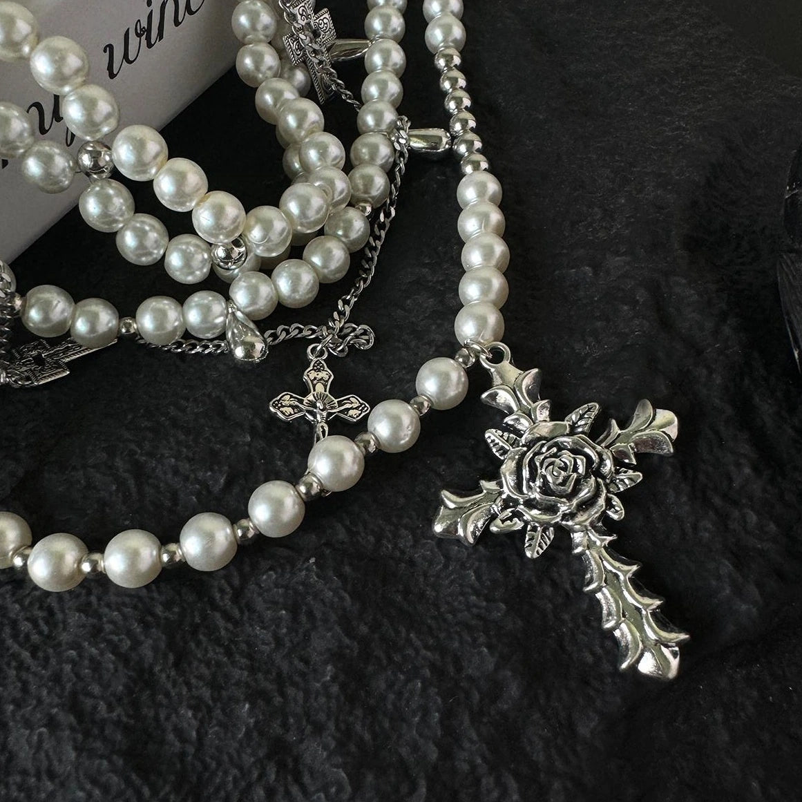 Accessories Adjustable Layered Pearl Cross Choker Necklace