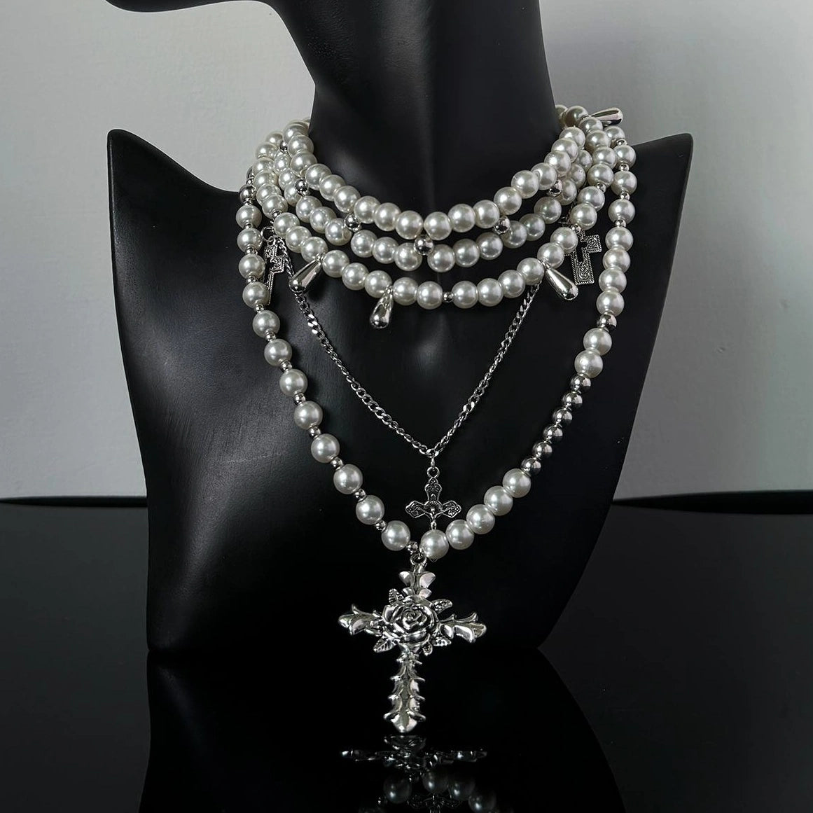 Accessories Adjustable Layered Pearl Cross Choker Necklace