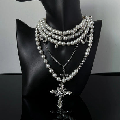 Accessories Adjustable Layered Pearl Cross Choker Necklace