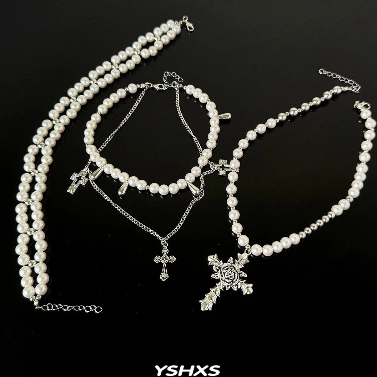 Accessories Adjustable Layered Pearl Cross Choker Necklace