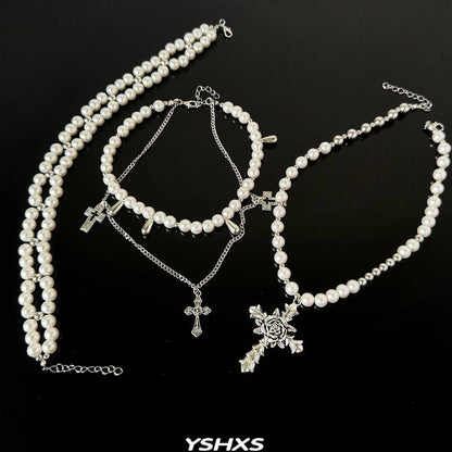Accessories Adjustable Layered Pearl Cross Choker Necklace