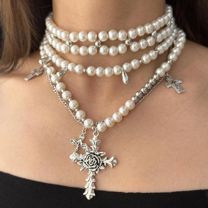 Accessories Adjustable Layered Pearl Cross Choker Necklace