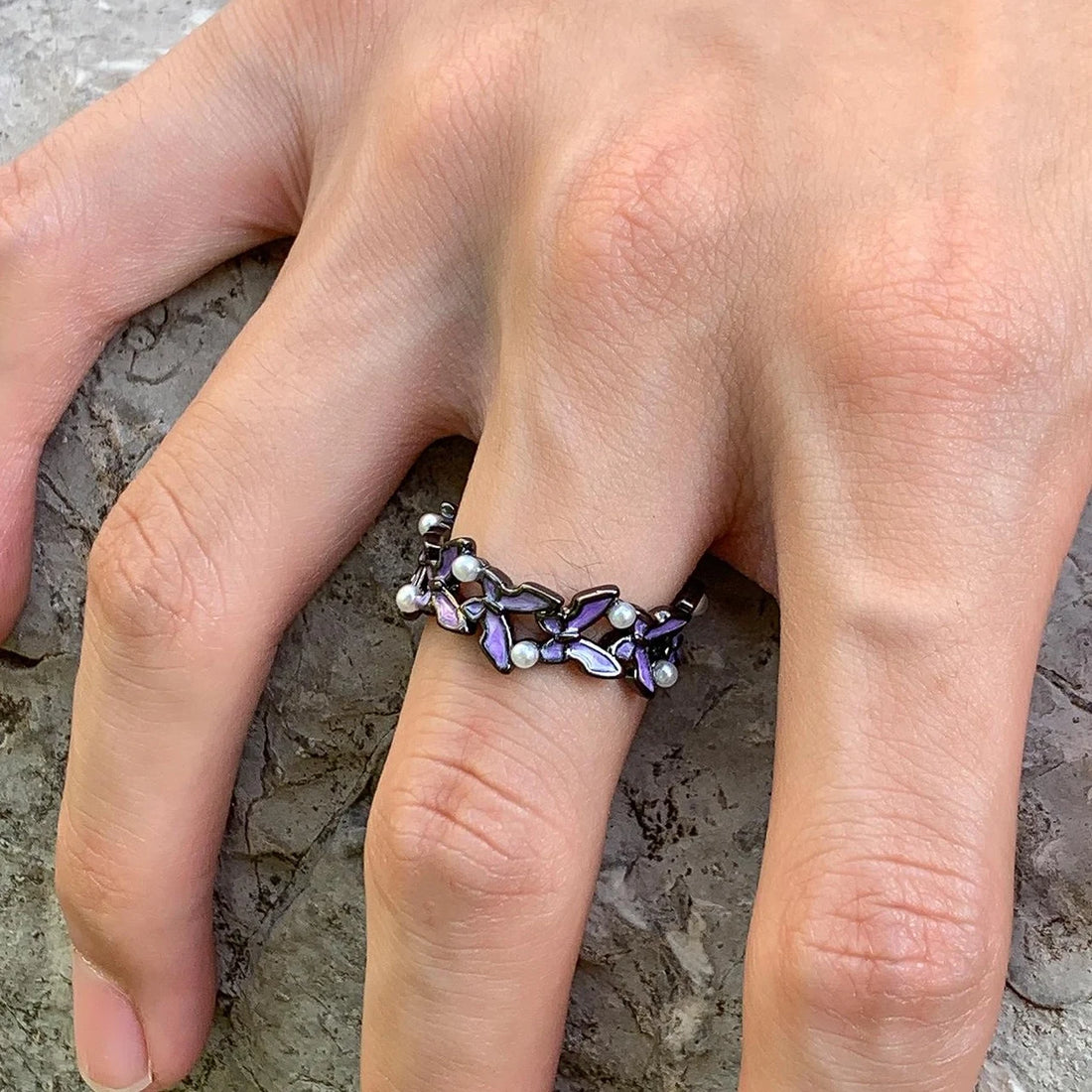 Accessories Adjustable Purple Butterfly Pearl Ring