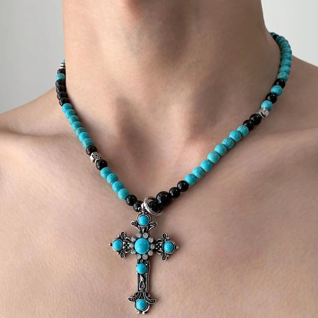 Accessories Antique Cross Green Stone Geometric Beaded Necklace