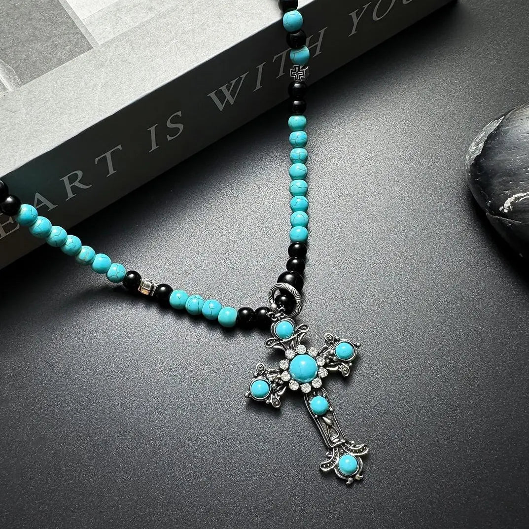 Accessories Antique Cross Green Stone Geometric Beaded Necklace