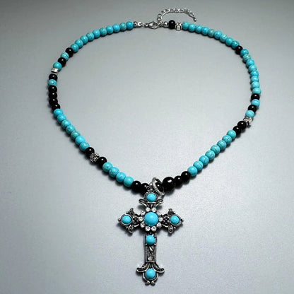 Accessories Antique Cross Green Stone Geometric Beaded Necklace