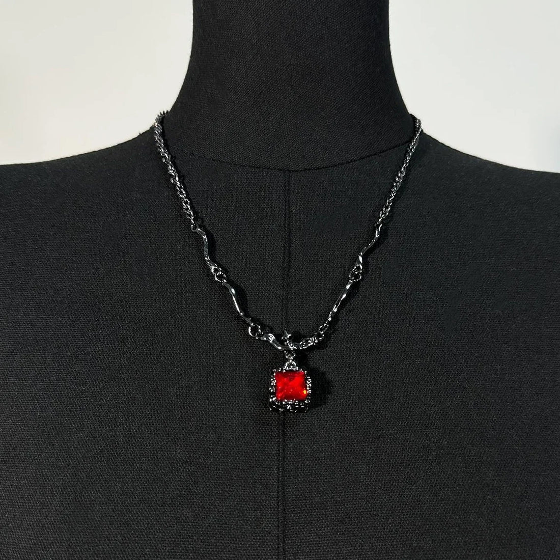 Accessories Asymmetrical Black Red Zirconia Pendant Necklace