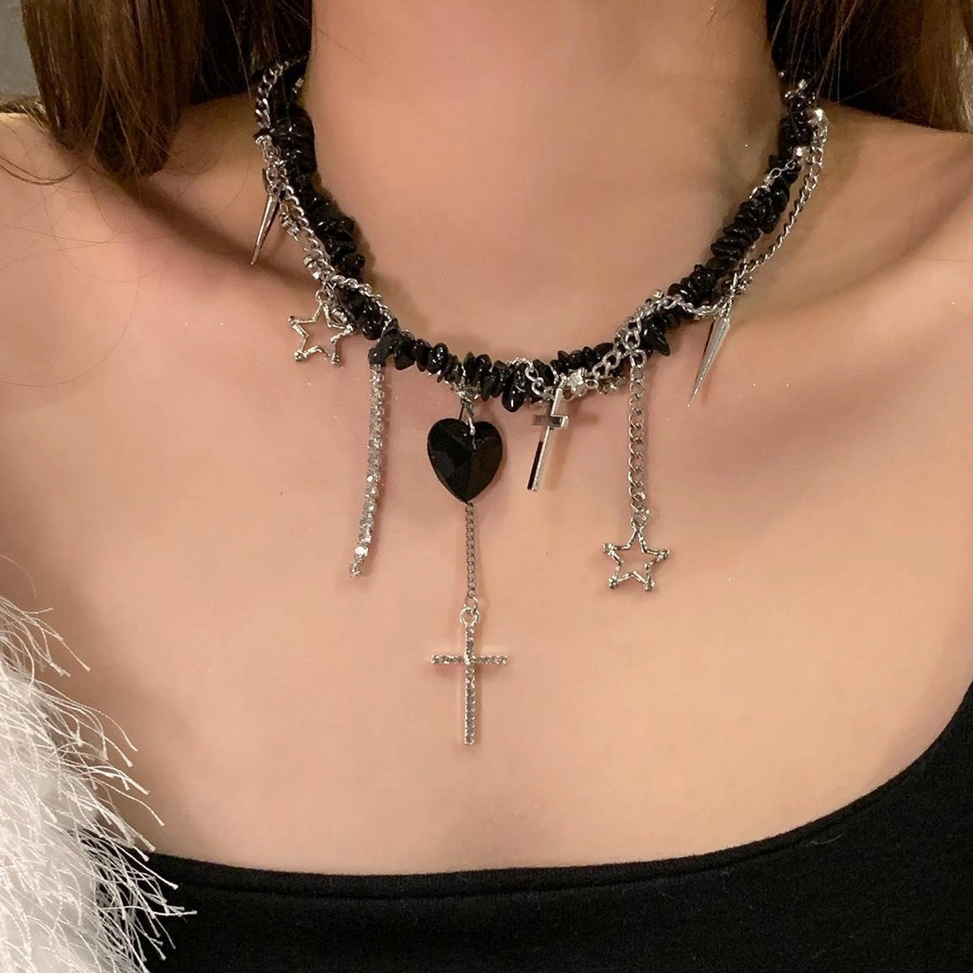 Accessories Asymmetrical Stone Heart Cross Choker