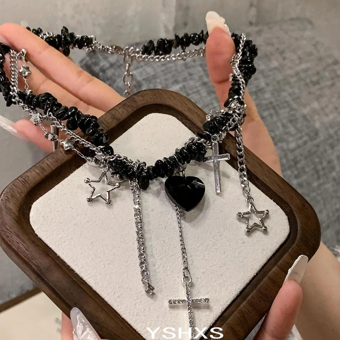 Accessories Asymmetrical Stone Heart Cross Choker
