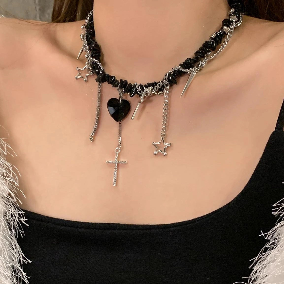 Accessories Asymmetrical Stone Heart Cross Choker