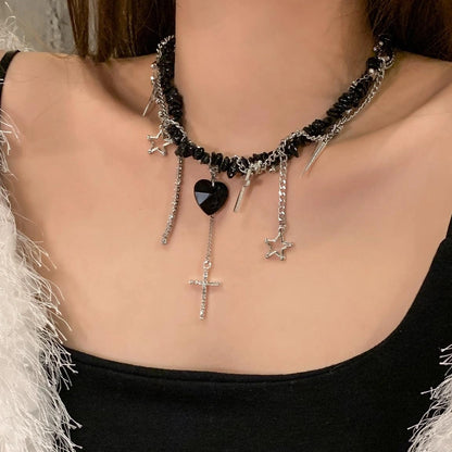 Accessories Asymmetrical Stone Heart Cross Choker