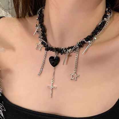 Accessories Asymmetrical Stone Heart Cross Choker