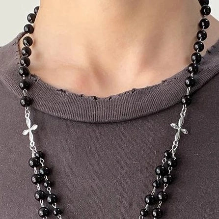 Accessories Black Beaded Cross Butterfly Pendant Choker