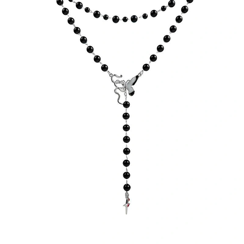 Accessories Black Beaded Cross Butterfly Pendant Choker