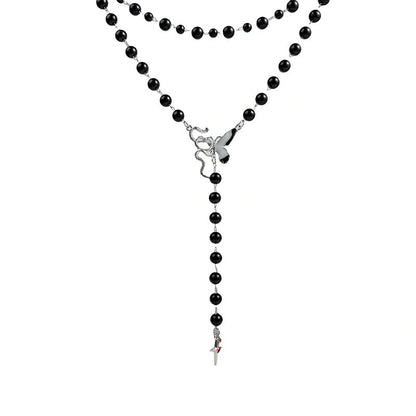 Accessories Black Beaded Cross Butterfly Pendant Choker