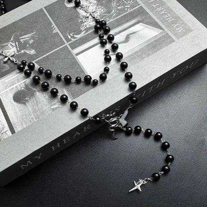 Accessories Black Beaded Cross Butterfly Pendant Choker