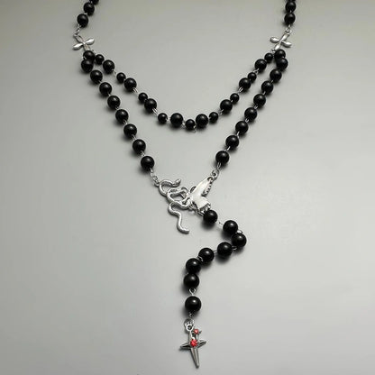 Accessories Black Beaded Cross Butterfly Pendant Choker
