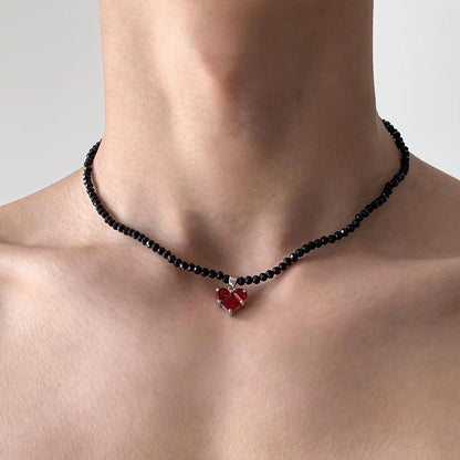 Accessories Black Crystal Beaded Heart Zircon V-neck Necklace