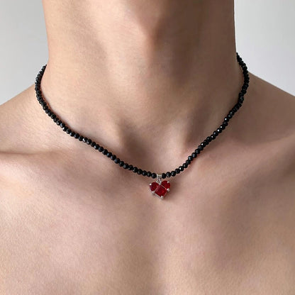 Accessories Black Crystal Beaded Heart Zircon V-neck Necklace