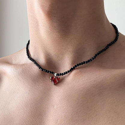 Accessories Black Crystal Beaded Heart Zircon V-neck Necklace