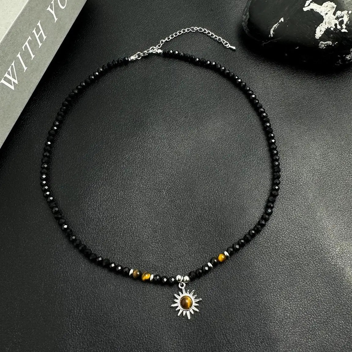 Accessories Black Crystal Inlaid Tiger Eye Necklace V-neck T-shirt Long Sleeve