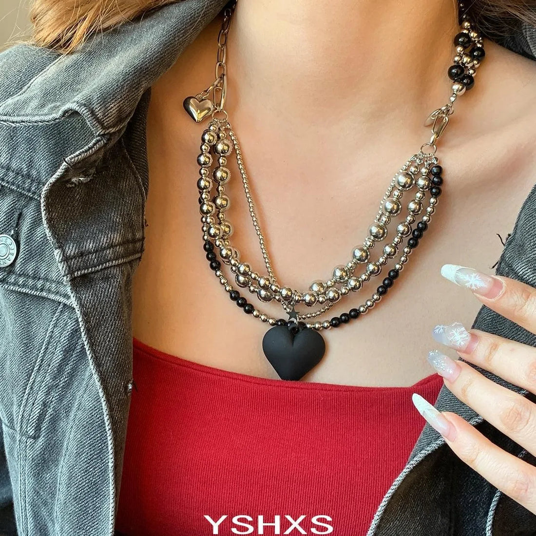 Accessories Black Heart Layered Beaded Choker Necklace