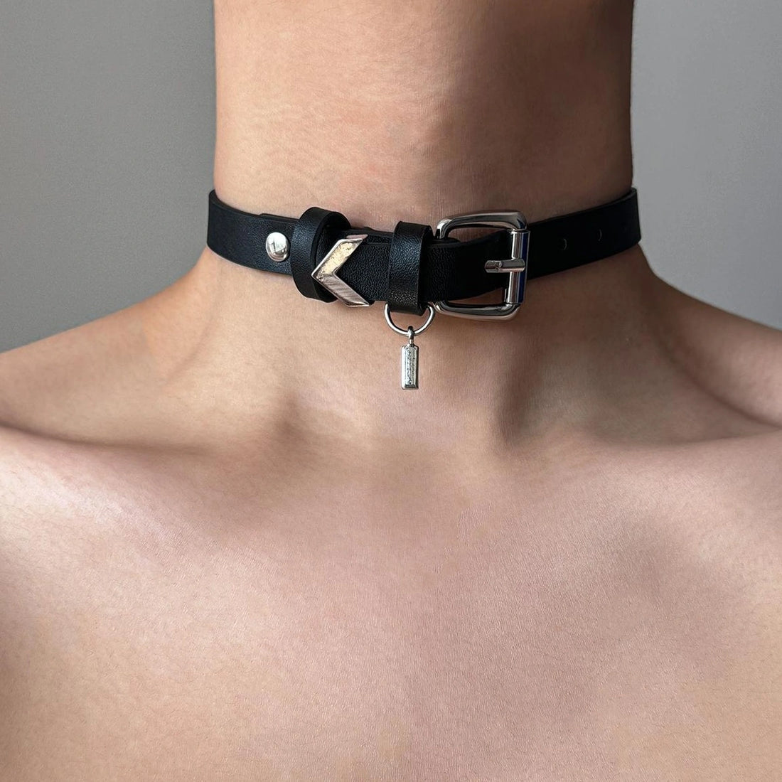 Accessories Black Leather Block Choker Necklace