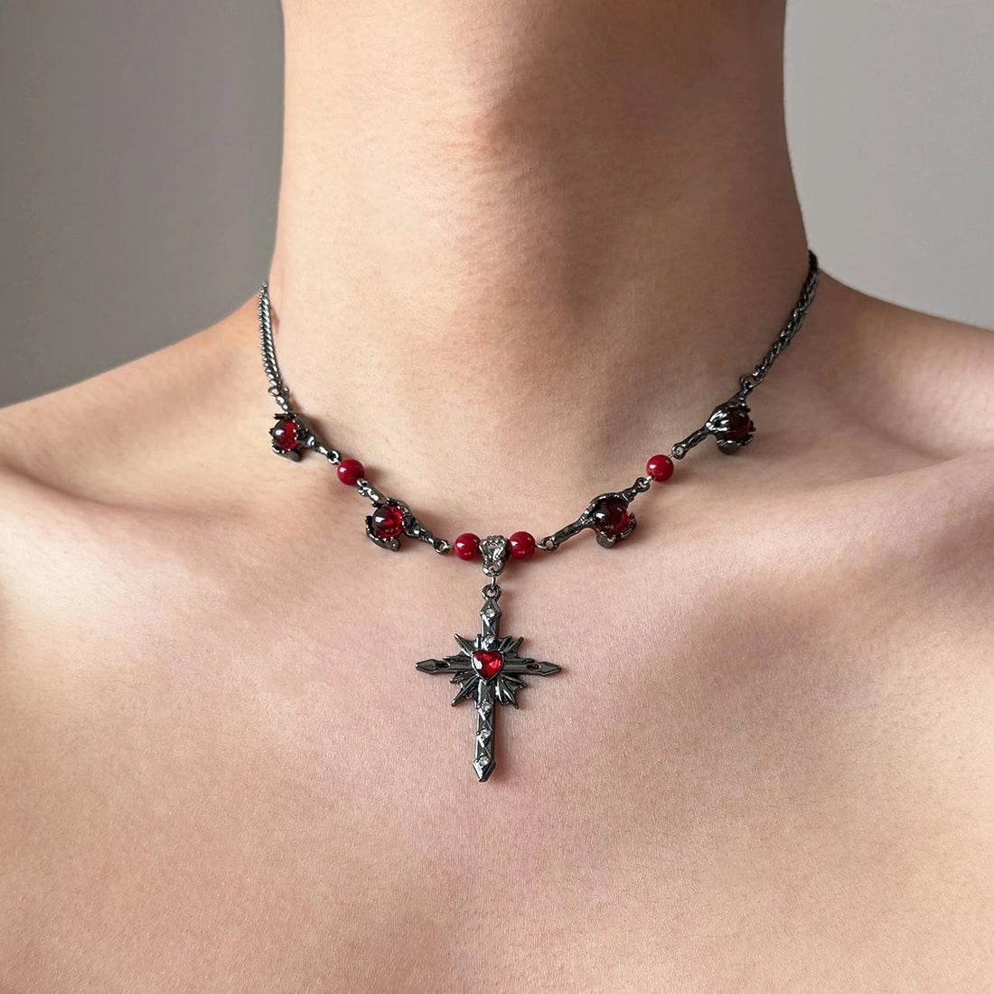 Accessories Black Red Cross Star Pendant Choker