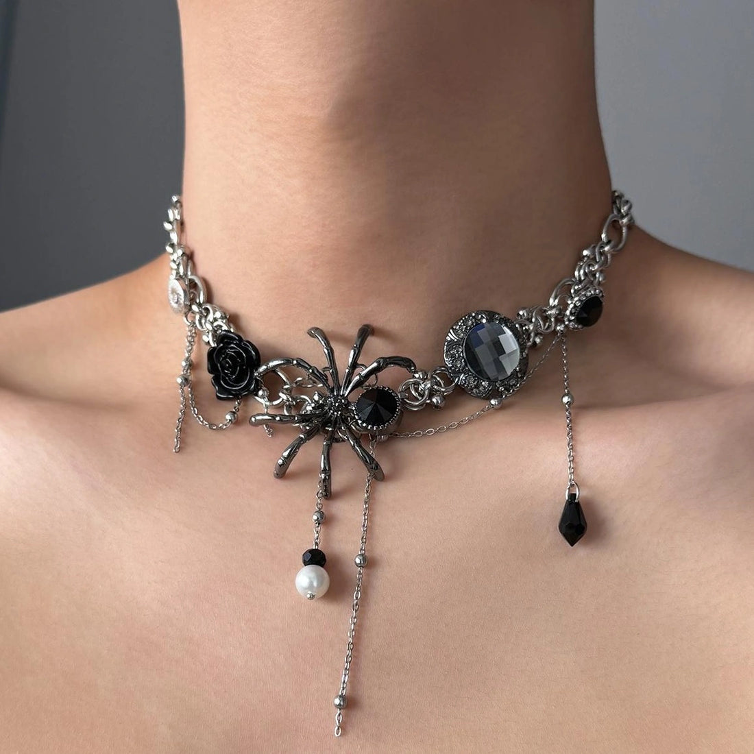 Accessories Black Spider Zircon Fringe Choker
