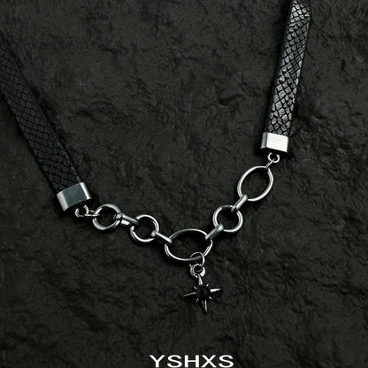 Accessories Black Star Leather Choker With Gunmetal Chain