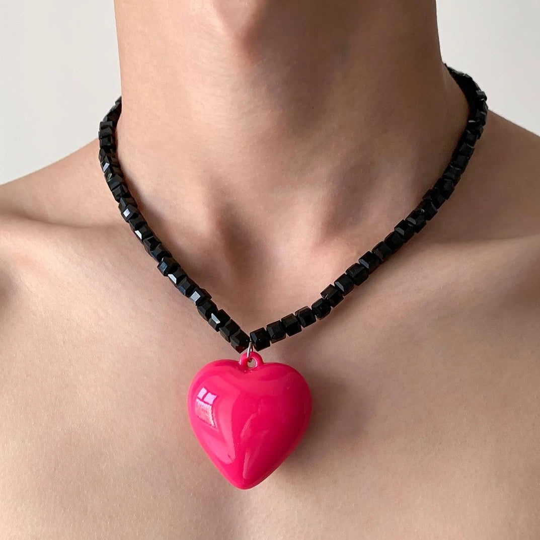 Accessories Black Stone Pink Heart Pendant Necklace