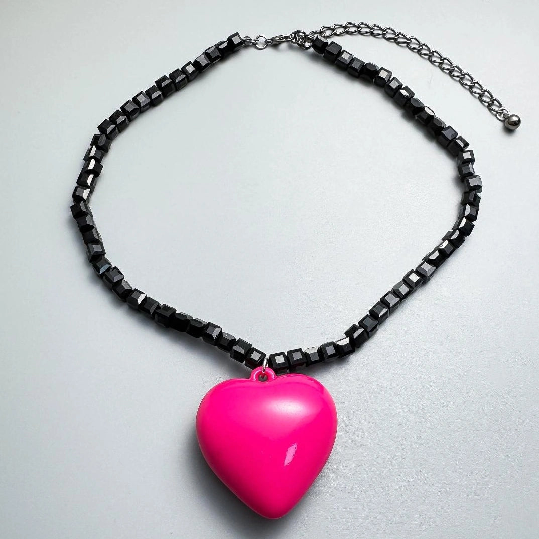 Accessories Black Stone Pink Heart Pendant Necklace