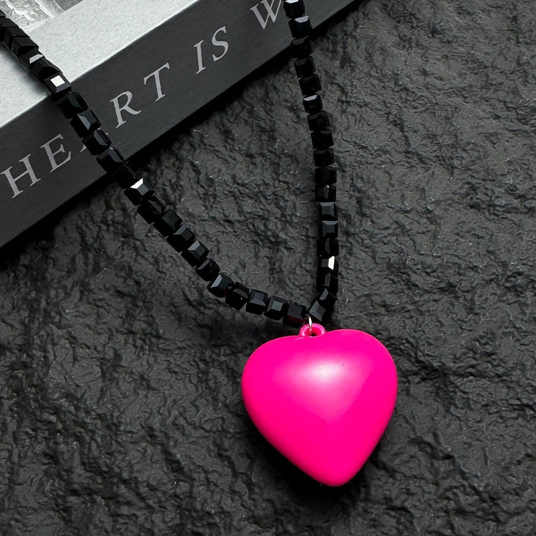 Accessories Black Stone Pink Heart Pendant Necklace