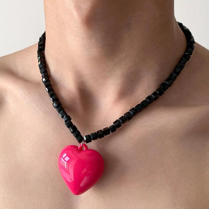 Accessories Black Stone Pink Heart Pendant Necklace