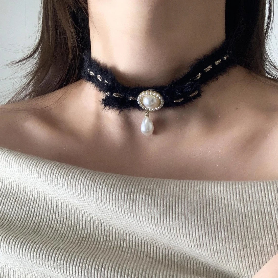 Accessories Black Velvet Pearl Choker