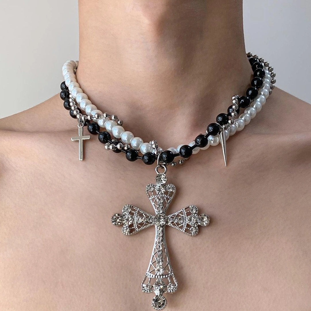 Accessories Black White Cross Beaded Rivet Fringe Choker Necklace