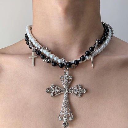 Accessories Black White Cross Beaded Rivet Fringe Choker Necklace