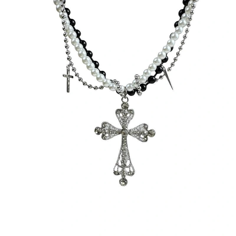 Accessories Black White Cross Beaded Rivet Fringe Choker Necklace