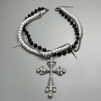 Accessories Black White Cross Beaded Rivet Fringe Choker Necklace