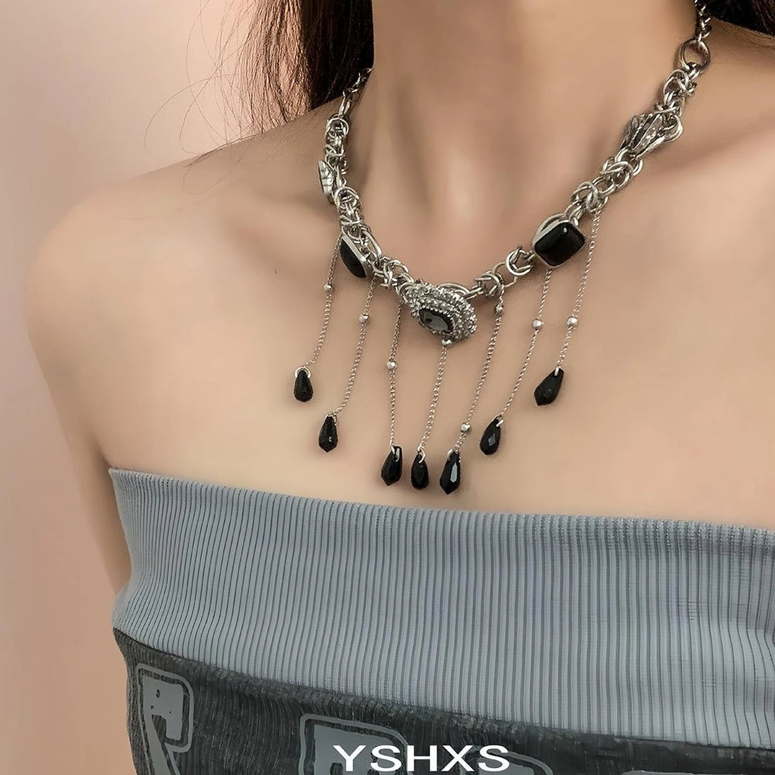 Accessories Black Zirconia Fringe Butterfly Choker Necklace