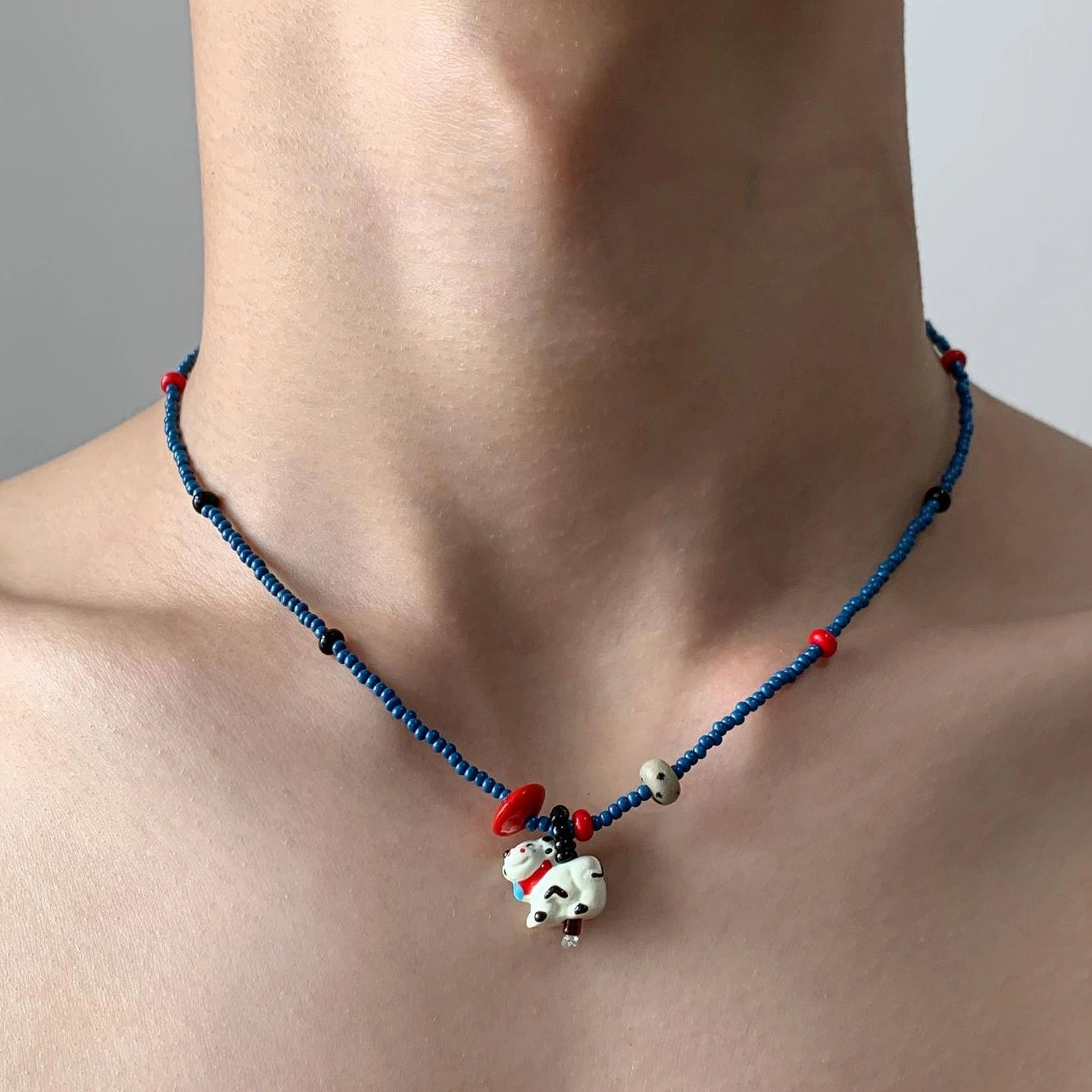Accessories Blue Beaded Dog Pendant Adjustable Necklace